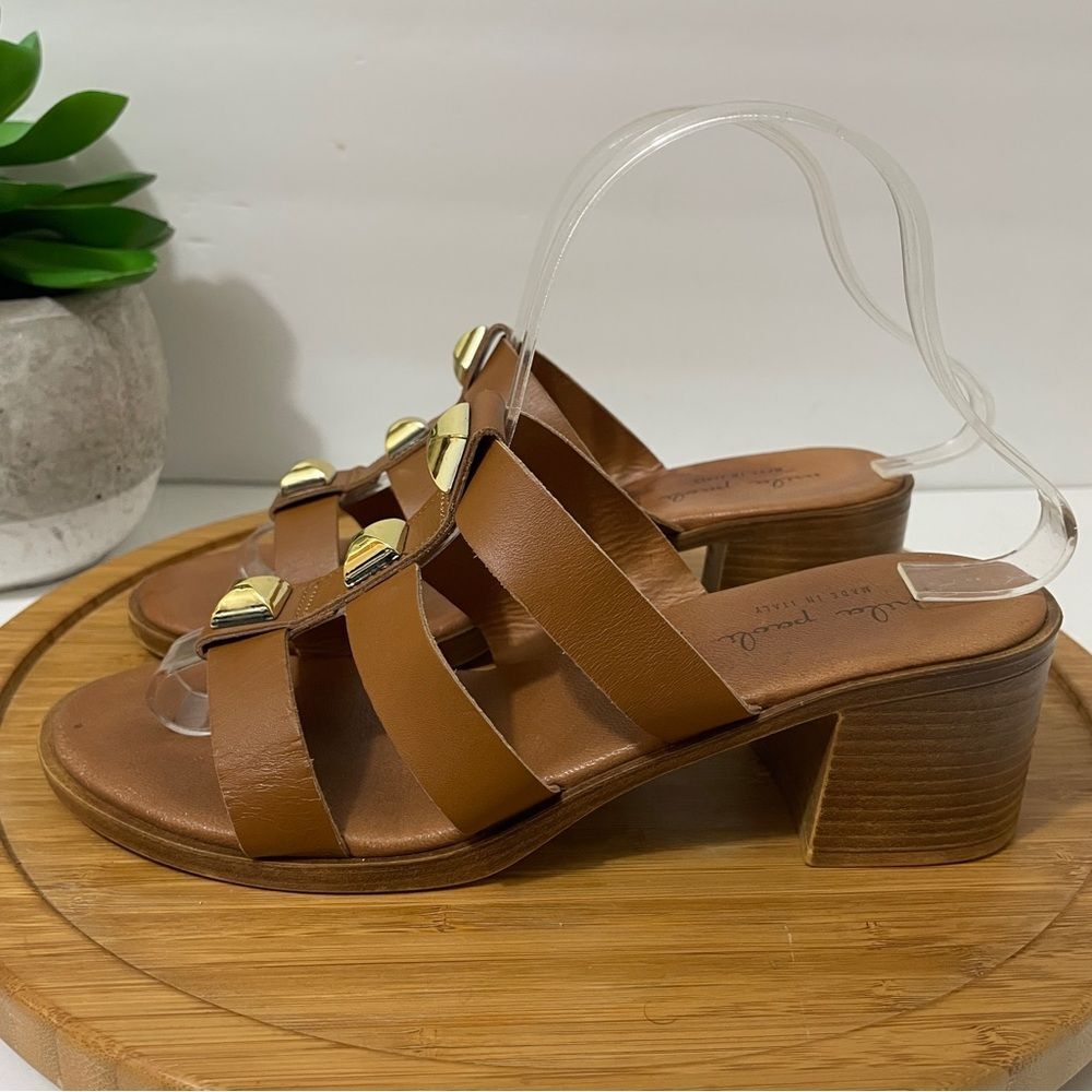 Mila Paoli Brown Leather Block Heel Sandals with Gold Studs